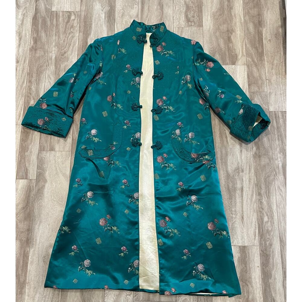 Vintage Teal Chinese Satin Opera Coat Neo-Chinese Style Frog Button Duster S/M
